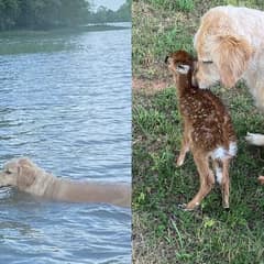 Brave Goldendoodle Rescues and Cares for Baby Fawn in Distress